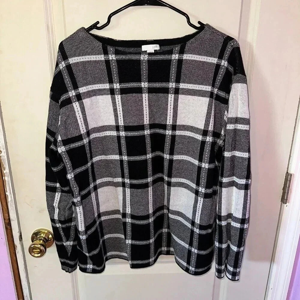 J. Jill Cotton Blend Black White Plaid Sweater Pullover Crewneck Sz L